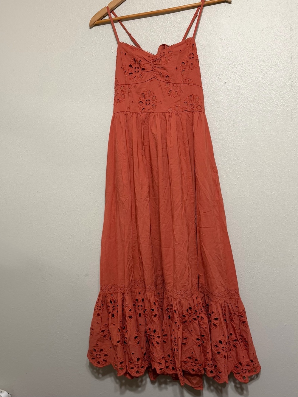 American Eagle Outfitters Coral Eyelet Spaghetti-Strap Maxi Dress